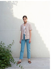 Short Sleeve Tailored Linen Blouse with Notched Lapel and Button Front Closure
