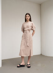 Women's Belted Linen Midi Dress – Short Wide Sleeve Dress with Side Slit and V-Back