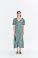 Silk Midi Dress for Women with Puff Short Sleeves and Scoop Neckline – Flared Skirt and Tailored Fit